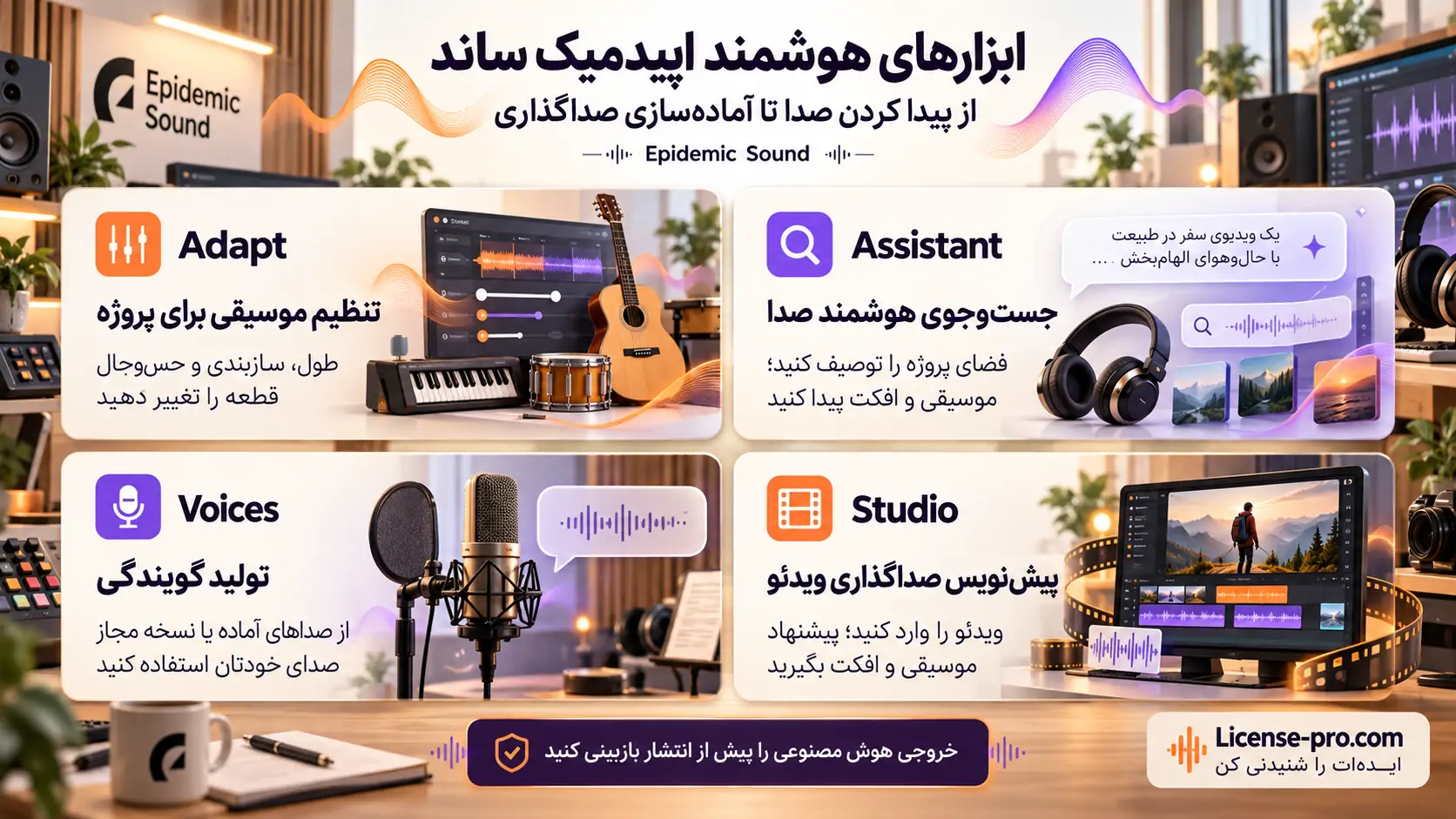 معرفی ابزارهای Assistant، Adapt، Studio و Voices اپیدمیک ساند برای جست‌وجوی صدا، تنظیم موسیقی، صداگذاری و گویندگی