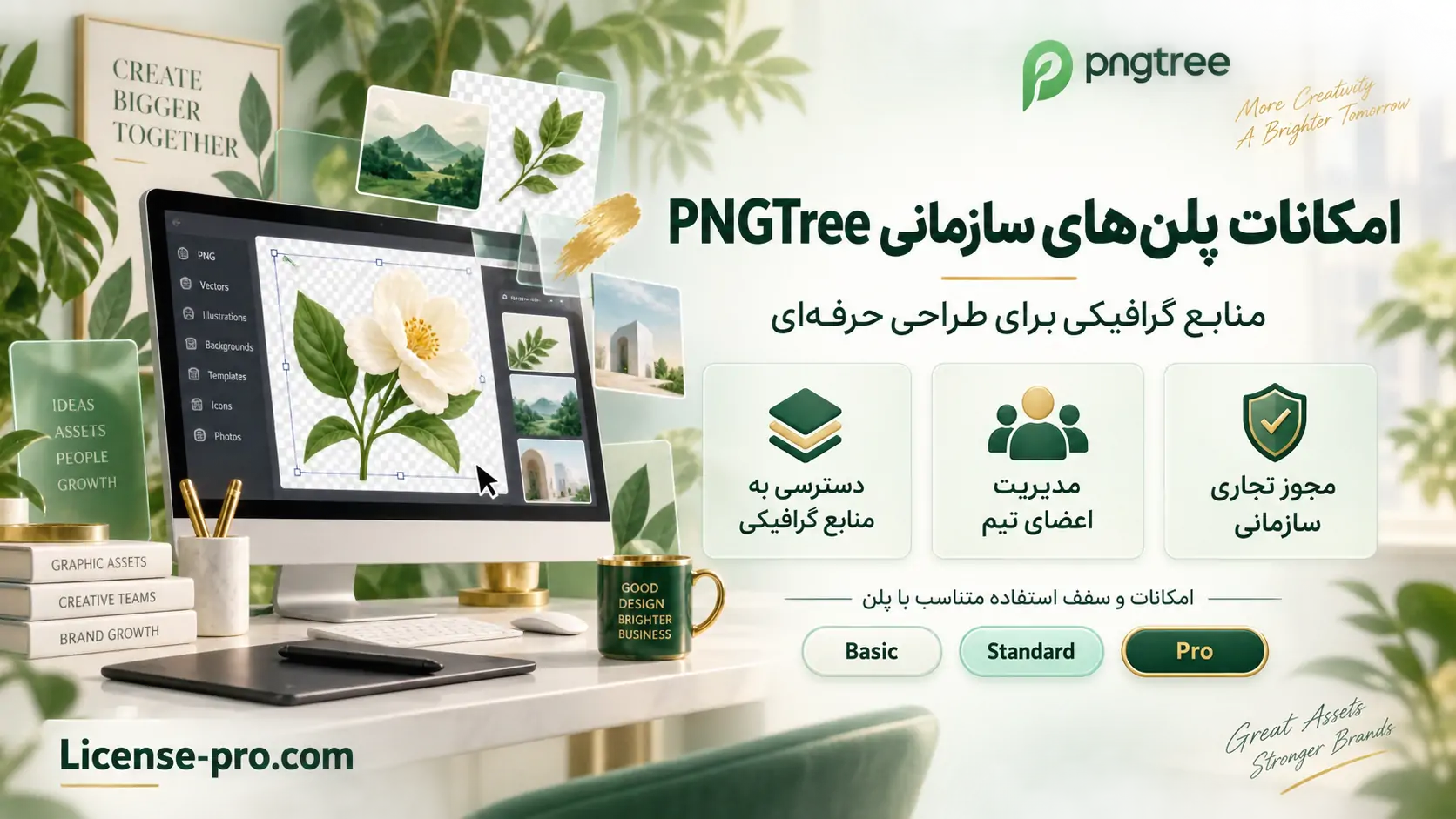 امکانات پلن‌های سازمانی PNGTree شامل منابع گرافیکی، مدیریت اعضای تیم و مجوز تجاری سازمانی