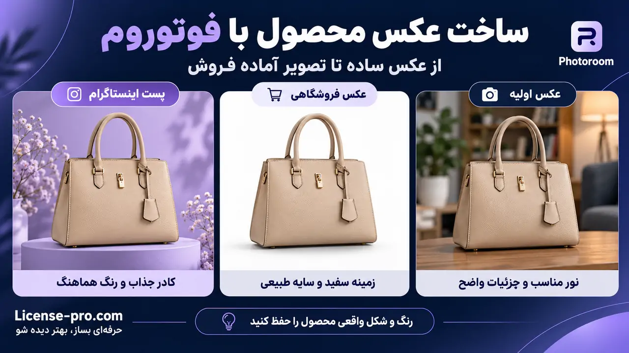 ساخت عکس محصول با فوتوروم؛ مقایسه عکس اولیه کیف با خروجی زمینه سفید فروشگاهی و تصویر تبلیغاتی اینستاگرام