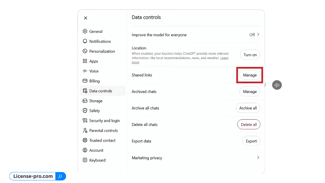 صفحهٔ Data Controls با Shared Links و Manage؛ بعد از توضیح مسیر تنظیمات