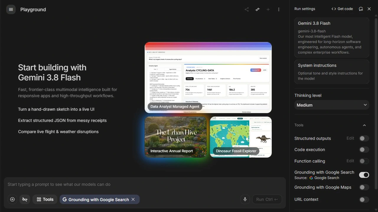 محیط واقعی Google AI Studio با Playground، انتخاب مدل، System instructions و تنظیمات ابزارها