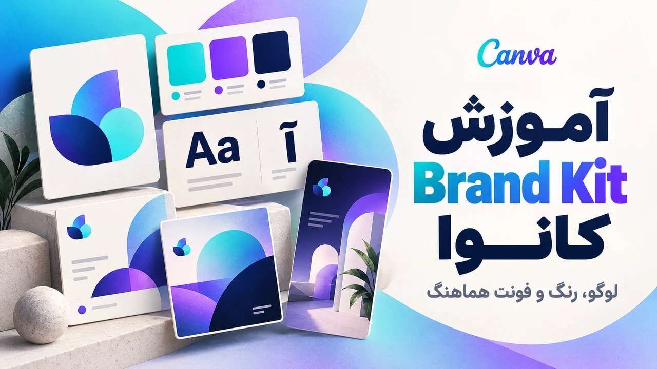 آموزش Brand Kit در کانوا با نمایش کارت‌های لوگو، پالت رنگ و فونت هماهنگ