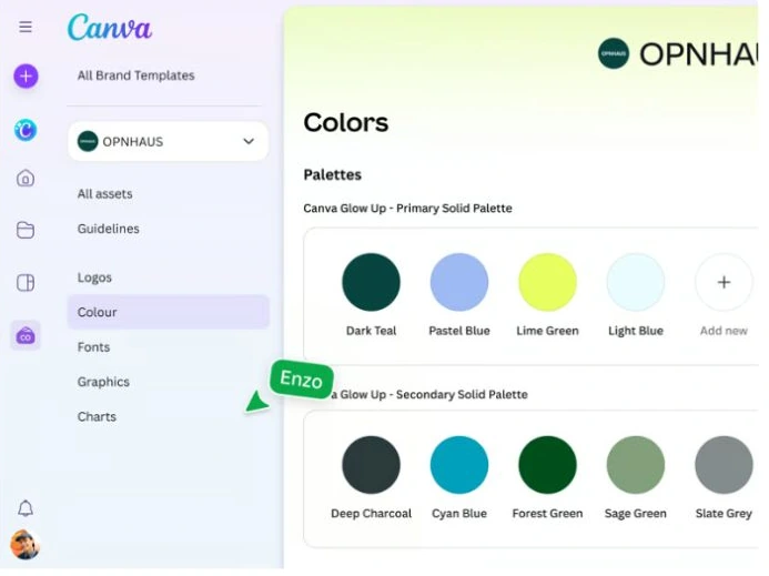 نمای واقعی پالت‌های اصلی و فرعی در بخش Colors کیت برند کانوا، از راهنمای رسمی Canva