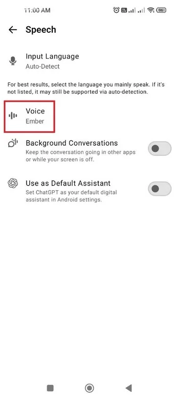 Background Conversations در حالت خاموش در تنظیمات صوتی ChatGPT