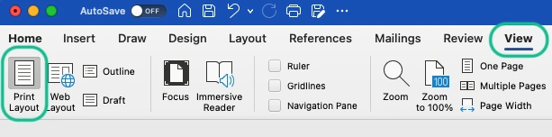 انتخاب Print Layout در تب View نرم‌افزار Word مک برای نمایش پیشنهادهای Grammarly