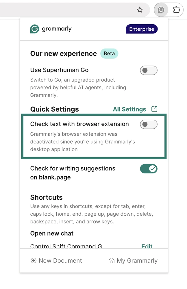 گزینه Check text with browser extension در منوی Grammarly برای استفاده از برنامه دسکتاپ در Word Online